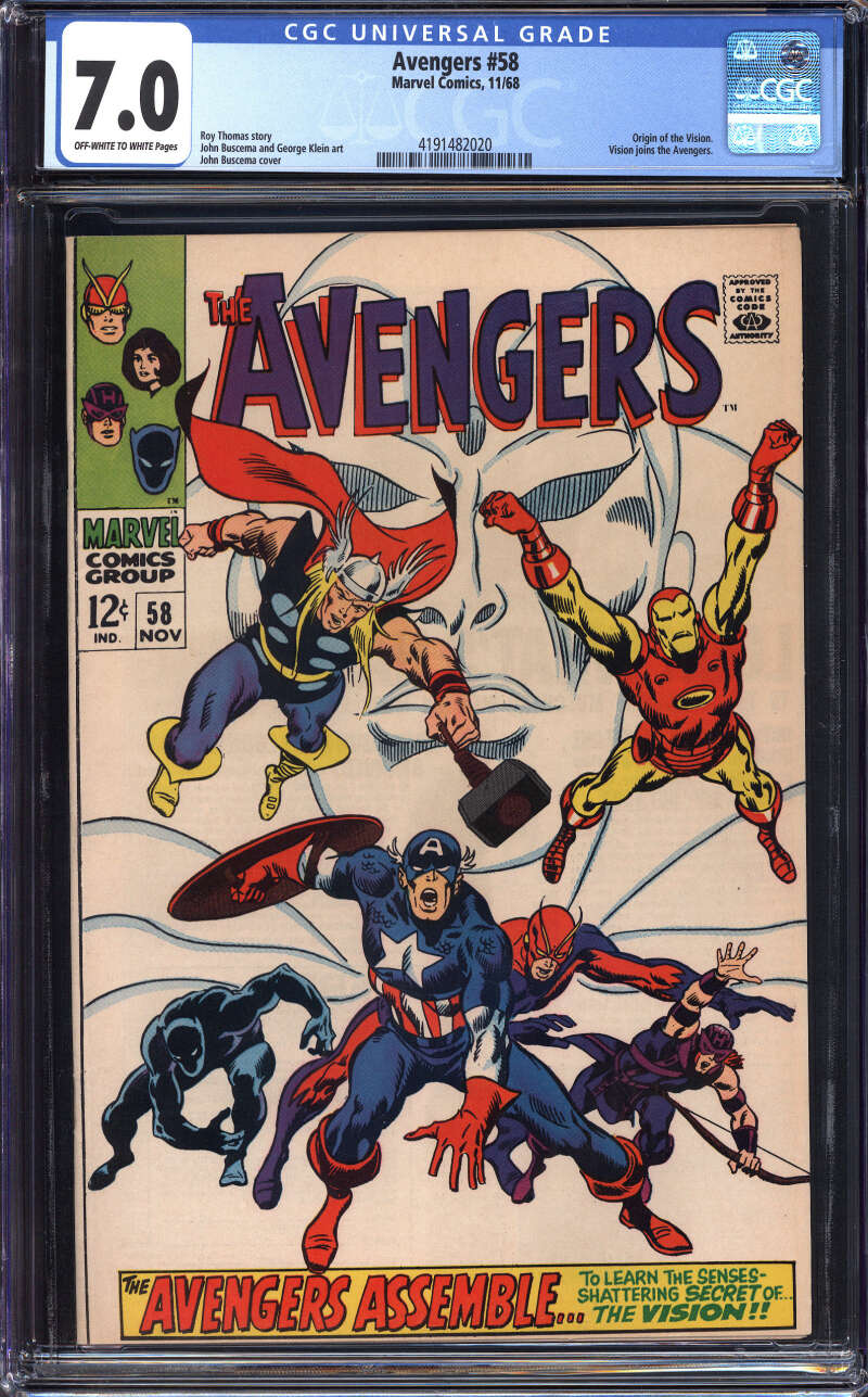 AVENGERS #58 CGC 7.0 OW/WH PAGES // ORIGIN OF THE VISION MARVEL COMICS 1968